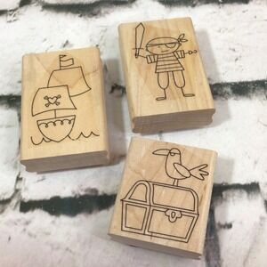 Pirate Rubber Stamp Lot Of 3 Pirate Ship Sail Boat Treasure Parrot Wood‎ Mounted